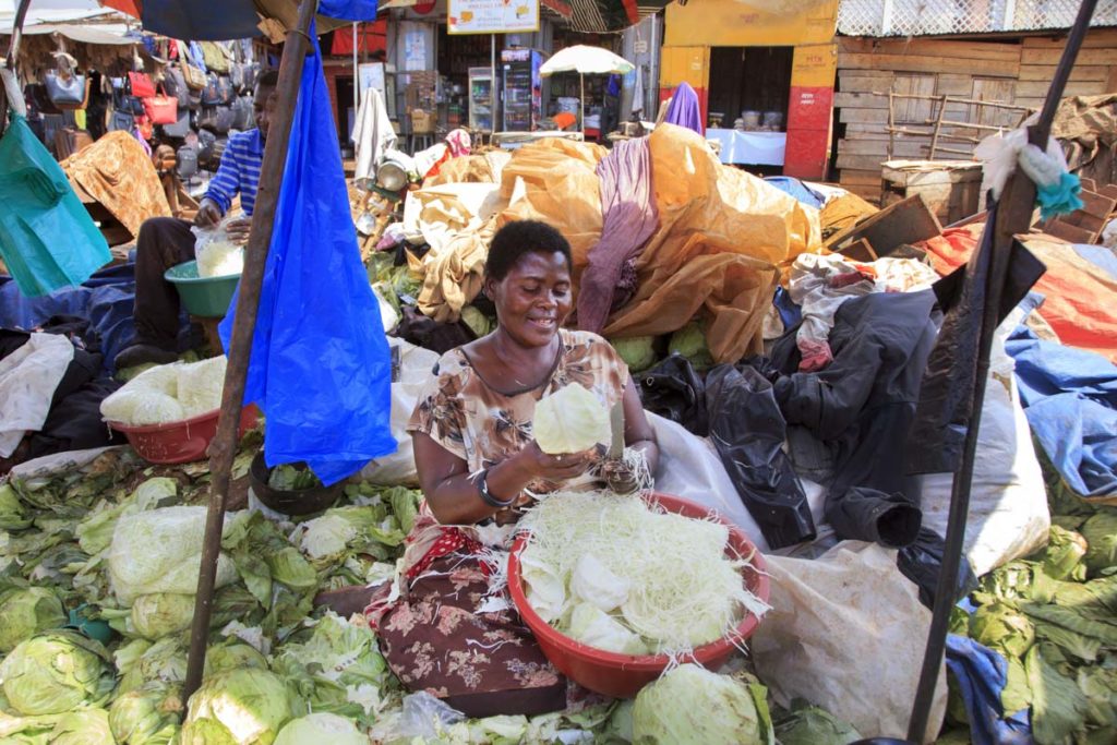 Woman manually slicing cabbage vegetables which she later packs in small white polythene bags. She sells each bag at Ugx1000, from Nakawa market.